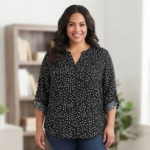 Notations Woman Black White Polka Dot Button Front V-Neck Blouse Plus Size 1X